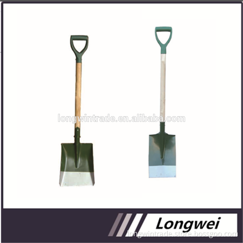 powder coated steel shovel head with wooden handle and plastic D grip